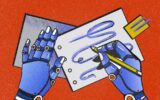 robot drawing on paper. technology for programmatic advertising