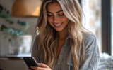 young woman types on her phone in a home office to illustrate habits to help create content consistently