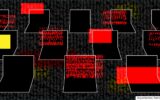 a series of illustrated laptops featuring red, glitchy and matrix-like text symbolizing malware