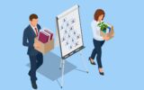 Isometric Layoffs and Dismissal. Workforce Reduction, Downsizing, Reorganization, Restructuring, Outsourcing. Unemployment, Jobless, Employee Job Reduction Metaphor. Sad Fired Office Worker with Box.