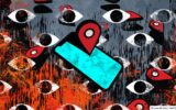 An illustration of a blue-lit phone with a location pointer over it, on a background of red and blue moving eyes.
