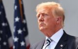 Trump in front of an American flag