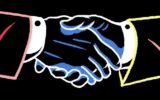 A business partnership concept illustrated by two hands in suits shaking hands, representing how publishers can build strategic vendor partnerships to drive meaningful performance.