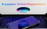 The Apple Siri and Apple Intelligence are being displayed on a smartphone screen and in the background.