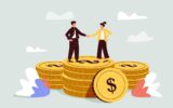 acquisition, startups, valuation. illustration shows two people standing on a stack of coins.