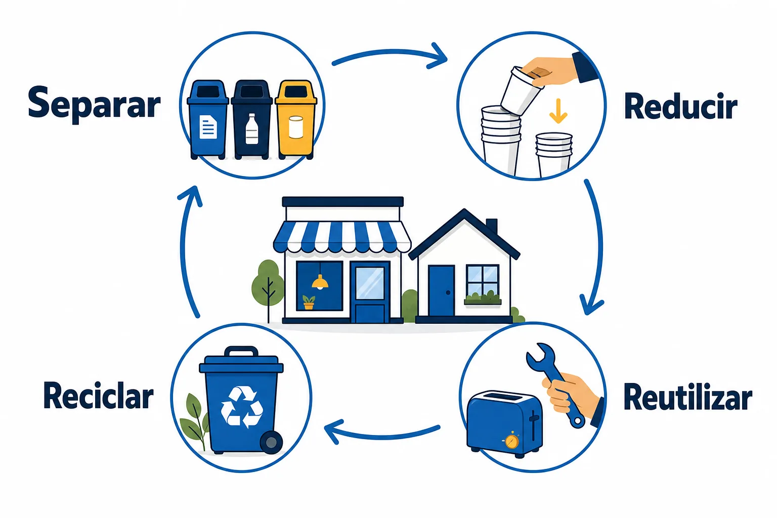 Ciclo de economía circular en casa y en el negocio: separar, reducir, reutilizar y reciclar