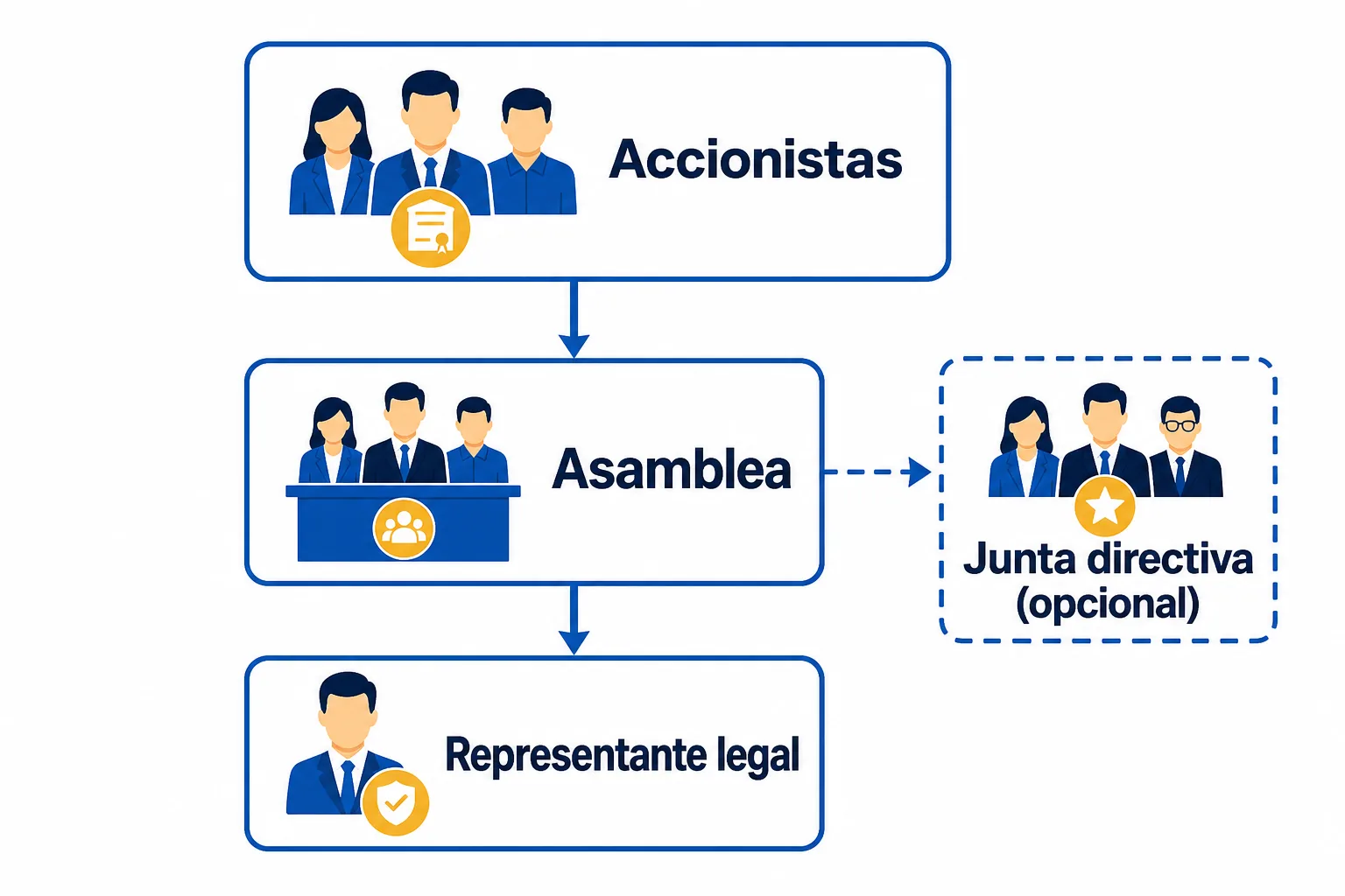 Estructura de una SAS: accionistas, asamblea, representante legal y junta directiva opcional