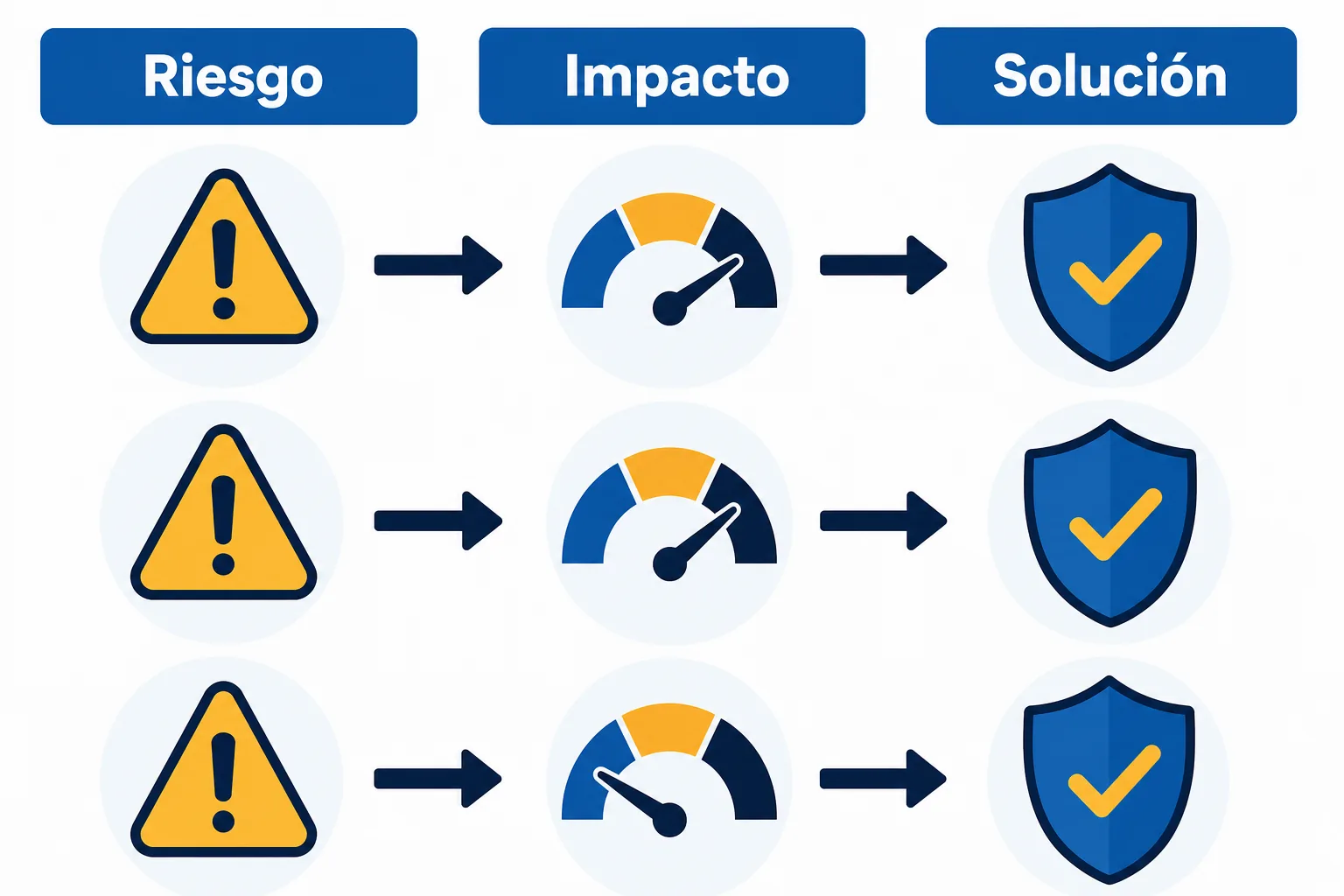 Matriz de tres riesgos de un plan de negocios con riesgo, impacto y solución