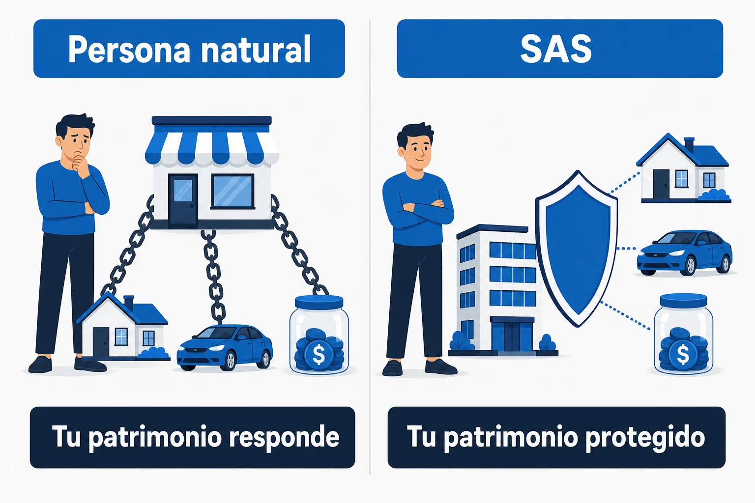 Persona natural vs SAS: con persona natural respondes con tu patrimonio; con SAS tu patrimonio queda protegido